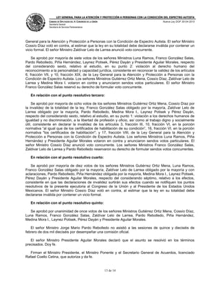 LEY GENERAL PARA LA ATENCIÓN Y PROTECCIÓN A PERSONAS CON LA CONDICIÓN DEL ESPECTRO AUTISTA
CÁMARA DE DIPUTADOS DEL H. CONGRESO DE LA UNIÓN
Secretaría General
Secretaría de Servicios Parlamentarios
Nueva Ley DOF 30-04-2015
13 de 14
General para la Atención y Protección a Personas con la Condición de Espectro Autista. El señor Ministro
Cossío Díaz votó en contra, al estimar que la ley en su totalidad debe declararse inválida por contener un
vicio formal. El señor Ministro Zaldívar Lelo de Larrea anunció voto concurrente.
Se aprobó por mayoría de siete votos de los señores Ministros Luna Ramos, Franco González Salas,
Pardo Rebolledo, Piña Hernández, Laynez Potisek, Pérez Dayán y Presidente Aguilar Morales, respecto
del considerando sexto, relativo al estudio, en su punto 2: violación al derecho humano del
reconocimiento a la personalidad y capacidad jurídica, consistente en reconocer la validez de los artículos
6, fracción VII, y 10, fracción XIX, de la Ley General para la Atención y Protección a Personas con la
Condición de Espectro Autista. Los señores Ministros Gutiérrez Ortiz Mena, Cossío Díaz, Zaldívar Lelo de
Larrea y Medina Mora I. votaron en contra y anunciaron sendos votos particulares. El señor Ministro
Franco González Salas reservó su derecho de formular voto concurrente.
En relación con el punto resolutivo tercero:
Se aprobó por mayoría de ocho votos de los señores Ministros Gutiérrez Ortiz Mena, Cossío Díaz por
la invalidez de la totalidad de la ley, Franco González Salas obligado por la mayoría, Zaldívar Lelo de
Larrea obligado por la mayoría, Pardo Rebolledo, Medina Mora I., Laynez Potisek y Pérez Dayán,
respecto del considerando sexto, relativo al estudio, en su punto 1: violación a los derechos humanos de
igualdad y no discriminación, a la libertad de profesión y oficio, así como al trabajo digno y socialmente
útil, consistente en declarar la invalidez de los artículos 3, fracción III, 10, fracción VI, en la porción
normativa “al igual que de los certificados de habilitación de su condición”, 16, fracción VI, en la porción
normativa "los certificados de habilitación"; y 17, fracción VIII, de la Ley General para la Atención y
Protección a Personas con la Condición de Espectro Autista. Los señores Ministros Luna Ramos, Piña
Hernández y Presidente Aguilar Morales votaron en contra y anunciaron sendos votos particulares. El
señor Ministro Cossío Díaz anunció voto concurrente. Los señores Ministros Franco González Salas,
Zaldivar Lelo de Larrea y Pardo Rebolledo reservaron su derecho de formular sendos votos concurrentes.
En relación con el punto resolutivo cuarto:
Se aprobó por mayoría de diez votos de los señores Ministros Gutiérrez Ortiz Mena, Luna Ramos,
Franco González Salas obligado por la mayoría, Zaldívar Lelo de Larrea obligado por la mayoría y con
aclaraciones, Pardo Rebolledo, Piña Hernández obligada por la mayoría, Medina Mora I., Laynez Potisek,
Pérez Dayán y Presidente Aguilar Morales, respecto del considerando séptimo, relativo a los efectos,
consistente en que las declaraciones de invalidez surtirán sus efectos cuando se notifiquen los puntos
resolutivos de la presente ejecutoria al Congreso de la Unión y al Presidente de los Estados Unidos
Mexicanos. El señor Ministro Cossío Díaz votó en contra, al estimar que la ley en su totalidad debe
declararse inválida por contener un vicio formal.
En relación con el punto resolutivo quinto:
Se aprobó por unanimidad de once votos de los señores Ministros Gutiérrez Ortiz Mena, Cossío Díaz,
Luna Ramos, Franco González Salas, Zaldívar Lelo de Larrea, Pardo Rebolledo, Piña Hernández,
Medina Mora I., Laynez Potisek, Pérez Dayán y Presidente Aguilar Morales.
El señor Ministro Jorge Mario Pardo Rebolledo no asistió a las sesiones de quince y dieciséis de
febrero de dos mil dieciséis por desempeñar una comisión oficial.
El señor Ministro Presidente Aguilar Morales declaró que el asunto se resolvió en los términos
precisados. Doy fe.
Firman el Ministro Presidente, el Ministro Ponente y el Secretario General de Acuerdos, licenciado
Rafael Coello Cetina, que autoriza y da fe.
 