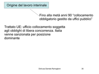 Origine del lavoro interinale


                        Fino alla metà anni 90 “collocamento
                        obbligatorio gestito da uffici pubblici”

Trattato UE: ufficio collocamento soggetta
agli obblighi di libera concorrenza. Italia
venne sanzionata per posizione
dominante




                        Dott.ssa Daniela Ramaglioni    35
 