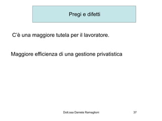Pregi e difetti


C’è una maggiore tutela per il lavoratore.


Maggiore efficienza di una gestione privatistica




                      Dott.ssa Daniela Ramaglioni   37
 