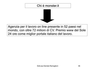 Chi è monster.it




Agenzia per il lavoro on line presente in 52 paesi nel
mondo, con oltre 72 milioni di CV. Premio www del Sole
24 ore come miglior portale italiano del lavoro.




                    Dott.ssa Daniela Ramaglioni   46
 