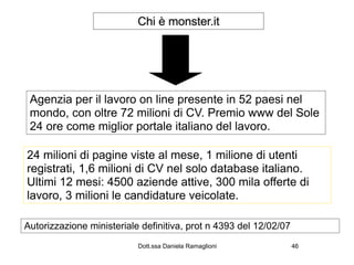 Chi è monster.it




 Agenzia per il lavoro on line presente in 52 paesi nel
 mondo, con oltre 72 milioni di CV. Premio www del Sole
 24 ore come miglior portale italiano del lavoro.

24 milioni di pagine viste al mese, 1 milione di utenti
registrati, 1,6 milioni di CV nel solo database italiano.
Ultimi 12 mesi: 4500 aziende attive, 300 mila offerte di
lavoro, 3 milioni le candidature veicolate.

Autorizzazione ministeriale definitiva, prot n 4393 del 12/02/07
                           Dott.ssa Daniela Ramaglioni             46
 