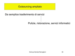 Outsourcing ampliato


Da semplice trasferimento di servizi


                     Pulizie, ristorazione, servizi informatici




                      Dott.ssa Daniela Ramaglioni     50
 