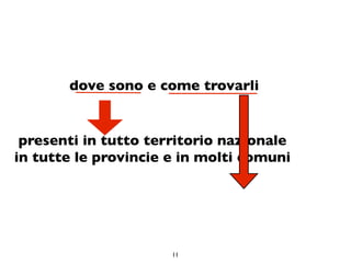 dove sono e come trovarli


 presenti in tutto territorio nazionale
in tutte le provincie e in molti comuni




                      11
 