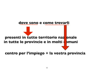 dove sono e come trovarli


 presenti in tutto territorio nazionale
in tutte le provincie e in molti comuni

centro per l’impiego + la vostra provincia


                      11
 