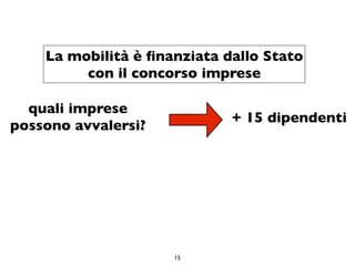 La mobilità è ﬁnanziata dallo Stato
         con il concorso imprese

  quali imprese
                             + 15 dipendenti
possono avvalersi?




                     15
 
