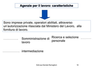 Agenzie per il lavoro: caratteristiche




Sono imprese private, operatori abilitati, attraverso
un’autorizzazione rilasciata dal Ministero del Lavoro, alla
fornitura di lavoro.

             Somministrazione di Ricerca e selezione
             lavoro              personale


             intermediazione



                        Dott.ssa Daniela Ramaglioni    18
 