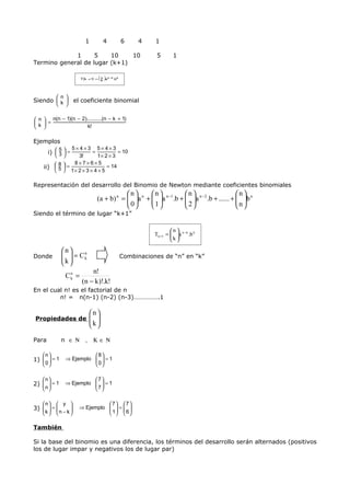1          4           6    4     1

             1      5    10    10                          5        1
Termino general de lugar (k+1)

                                ( )
                      T (k +1) = n an −k .bk
                                 k




           n
Siendo  k  el coeficiente binomial
        

 n  = n(n − 1)(n − 2)..........(n − k + 1)
 k 
                      k!

Ejemplos
                  5×4×3 5×4×3
       i)  5  =
          3
           
                       =          = 10
                    3!   1× 2 × 3
                8×7×6×5
    ii)  8  =
        5
          1× 2 × 3 × 4 × 5
                             = 14


Representación del desarrollo del Binomio de Newton mediante coeficientes binomiales
                                           n      n            n                      n
                               (a + b) n =  a n +  a n −1 .b +  a n − 2 .b + ...... +  b n
                                           0      1             2                     n
                                                                                       
Siendo el término de lugar “k+1”

                                                                  n 
                                                          Tk +1 =  a n −k .b k
                                                                   
                                                                  k 

              n
Donde           = Cn
              k    k                         Combinaciones de “n” en “k”
               
                          n!
               Cn =
                k
                      (n − k )!.k!
En el cual n! es el factorial de n
         n! = n(n-1) (n-2) (n-3)…………….1 .

                            n
Propiedades de               
                            k
                             

Para          n ∈Ν      ,    Κ∈Ν

    n                  8
1)   = 1
   0         ⇒ Ejemplo   = 1
                         0
                        

    n                  7
2)   = 1
   n         ⇒ Ejemplo   = 1
                         7
                        

    n    y                 7 7
3)   = 
   k  n − k 
                    ⇒ Ejemplo   =  
                                1  6 
                              

También

Si la base del binomio es una diferencia, los términos del desarrollo serán alternados (positivos
los de lugar impar y negativos los de lugar par)
 