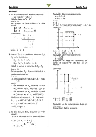Funciones                                                                                                           Cuarto Año

Ejemplos:

1. En la siguiente igualdad de pares ordenados:         Resolución: Obteniendo cada conjunto.
      (2a +3b;-1) = (4;3a + b)                             A = {2; 3; 4}
   Calcular el valor de "a + b"                            B = {2; 3; 4}
   Resolución:                                          Luego:
   Por igualdad de pares ordenados se debe              A×B=
   cumplir:                                             {(2;2),(2;3);(2;4),(3;2),(3;3),(3;4),(4;2), (4;3),(4;4)}
       2a + 3b = 4.......... 1)
                           ....(                        Graficando:
                                                                       B
       3a + b = −1.......... 2)
                           ....(
                                                                4
   Resolviendo:
      (1 ) × 3 :      6a + 9b = 12                                                                                     A × B
                                                                3
      (2 ) x -2 :     -6 a - 2 b = 2
                                                                2
                            7b = 14
                             b = 2                              1
                                                                                                                         A
                    E n (1 ): a = -1
                                                                0               1       2           3          4
   piden : a + b = 1
                                                        b. A = {x ∈ IN /3 < x + 2 ≤ 5}
                                                            B = {x ∈ IR / |x - 4| ≤ 1}
2. Sea A = {1; 2; 3} y dadas las relaciones: R y        Resolución: Obteniendo cada conjunto.
                                                  1
   R en "A" definida por:                                   A = {2; 3}
    2                                                       B = [3; 5]
      R = {(x;y) ∈ A × A/x < y}                         El conjunto "A" posee sólo 2 elementos; en
        1
      R = {(x;y) ∈ A × A/x + y = 5}                     cambio el conjunto "B" está dado por un
        2                                               intervalo.
   Calcule el número de elementos de R ∪ R
                                          1     2
   Resolución:                                          Graficando:
                                                                    B
   Para determinar: R y R debemos construir el
                       1     2
   producto cartesiano así:                                 5
   A×A=
                                                                                                           E le m e n t o s
   {(1;1),(1;2),(1;3),(2;1),(2;2),(2;3),(3;1), (3;2),
                                                                                                              de "B"
          (3;3)}                                            3
   Luego:
   * Los elementos de R son todos aquellas
                             1                                                                                                 A
      (x;y) donde x < y: R = {(1;2),(1;3),(2;3)}            0               1       2           3         4        5
                            1
   * Los elementos de R son todos aquellos
                             2                                                              E le m e n t o s
      (x;y) donde x + y = 5: R = {(2;3),(3;2)}                                                  de "A "
                                2
   Finalmente, el conjunto R ∪ R , viene a ser:         c. A = {x ∈ IR/3 < x ≤ 6}
                              1     2
   R ∪ R = {(1;2),(1;3),(2;3),(2;3),(3;2)} ó               B = {x ∈ IR/1 ≤ x < 5}
    1      2
   R ∪ R = {(1;2),(1;3),(2;3),(3;2)}                    Resolución: Los dos conjuntos están dados por
    1      2
   ∴ n(R ∪ R ) = 4                                      intervalos.
          1     2                                       Graficando en el plano cartesiano.

3. En cada caso, se dan 2 conjuntos "A" y "B",
   calcular:
   "A × B" y graficarlos sobre el plano cartesiano.

   a. A = {x ∈ IN / |x - 3| < 2}
                            x+2
                       1<       ≤2
      B = {x ∈ IN /          3     }
 