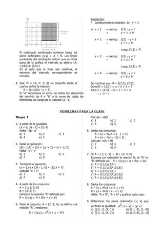 B                                                                       Resolución:
        5                                                                           * Construyendo la relación: 2x - y = 3
        4
                                                                                    si: x = 1   → reemp.: 2(1) - y = 3
        3                                                     E le m e n t o s
                                                                  de "B"                        →         y = -1 ∉ M
        2

        1
                                                                                       x=2      → reemp.: 2(2) - y = 3
                                                             A                                  →         y=1∈M
        0       1   2   3          4        5            6

                            E le m e n t o s d e " A "                                                       Luego (2;1) ∈ R
   El rectángulo sombreado contiene todos los
   pares ordenados (x;y) ∈ A × B. Las líneas                                           x=3      → reemp.: 2(3) - y = 3
   punteadas del rectángulo indican que en dicha                                                →         y=3∈M
   parte de la gráfica el intervalo es abierto (A:
   <3;6]; B: [1;5>)                                                                                          Luego (3;3) ∈ R
   En el caso que la línea sea contínua, el
   extremo del intervalo correspondiente es                                            x=4      → reemp.: 2(4) - y = 3
   cerrado.                                                                                               y=5∉M

4. Sea: M = {1; 2; 3; 4} un conjunto sobre el                                       Se concluye que: R = {(2;1); (3;3)}
   cual se define la relación:                                                      Dom(R) = {2;3} → a = 2 + 3 = 5
      R = {(x,y)/2x - y = 3}                                                        Ran(r) = {1;3} → b = 1 + 3 = 4
   Si "a" representa la suma de todos los elementos                                     ∴a-b=1
   del dominio de R y "b" a la suma de todos los
   elementos del rango de R, calcular (a - b)



                                                             problemaS para la claSe
Bloque I                                                                            Calcular: n(R)
                                                                                    a) 1           b) 2              c) 3
1. A partir de la igualdad:                                                         d) 4           e) 5
   (a + b; 3a - 5) = (5; 4)
   Hallar "2b - a"                                                               6. Dados los conjuntos:
   a) 1             b) 2                                     c) 3                      A = {x ∈ IN/2 < x - 1 < 7}
   d) 4             e) 5                                                               B = {x ∈ IN/|x - 5| = 2}
                                                                                    Calcular: n(A × B)
2. Dada la operación:                                                               a) 7            b) 4          c) 8
   (3x - 1;4) + (2x + 1;y + 2) = (y + 1;10)                                         d) 6            e) 5
   Hallar "x + y"
   a) 1            b) 3            c) 5                                          7. Si: A = {1; 2; 3} ∧ B = {2; 4; 6}
   d) 7            e) 9                                                             Expresar por extensión la relación R; de "A" en
                                                                                    "B" definida así: R = {(x;y) ∈ A × B/y = 2x}
3. Teniendo lo siguiente:                                                           a) R = {(1;2),(2;4)}
   (x + 1;y) + (3x - 1; 6) = (12;x + 7)                                             b) R = {(1;1),(2;4),(3;5)}
   Calcular "x + y"                                                                 c) R = {(2;4),(1;6)}
   a) 1             b) 3           c) 5                                             d) R = {(1;2),(2;4),(3;6)}
   d) 7             e) 9                                                            e) R = {(1;2),(2;4),(4;8)}

4. A partir de los conjuntos:                                                    8. Dados los conjuntos:
   A = {1; 2; 5; 6}                                                                 A = {x ∈ IR/3 ≤ x + 1 ≤ 4}
   B = {3; 5; 7}                                                                    B = {x ∈ IR/0 ≤ x - 2 ≤ 2}
   Construir la relación "R" definida por:                                          Hallar "A × B", "B × A" y graficar cada caso:
   R = {(x;y) ∈ A × B/x + y = 8}
                                                                                 9. Determinar los pares ordenados (x; y) que
5. Dado el conjunto: A = {2; 3; 4}, se define una                                                            2
                                                                                    verifican la igualdad: (x ; x + y) = (y; 2)
   relación "R", mediante:
                                                                                    a) {(-2; 1), (4; 1)}          b) {(1; -2), (1; 4)}
                         2
           R = {(x;y) ∈ A /x + y = 3º}                                              c) {(-3; 1), (4; 2)}          d) {(-2; 4), (1; 1)}
 