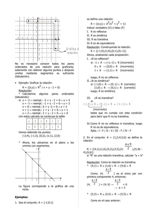 y
                                                                                                               se define una relación:
                                 4                                                                                                 2 2     2
                                                                                                                   R = {(x;y) ∈ A /x + y = 1}
                                 3                                                                             indicar verdadero (V) o falso (F)
                                 2                                                                             I. R es reflexiva
                                 1                                                                             II. R es simétrica
 -4     -3    -2       -1                                                    x
                                 0               1           2       3   4                                     III. R es transitiva
                                                                                                               IV. R es de equivalencia
                                     -1
                                                                                                               Resolución: Construyendo la relación:
                                     -2                                              G r á f ic a d e la
                                                                                                                   R = {(-1;0),(1;0),(0;1),(0;-1)}
                                     -3
                                                                                      r e la c ió n " R "
                                                                                                               Ahora, analizando cada proposición:
                                     -4                                                                        I. ¿R es reflexiva?
No es necesario conocer todos los pares                                                                            si: -1 ∈ A → (-1;-1) ∈ R (incorrecto)
ordenados de una relación para graficarla;                                                                             0 ∈ A → (0;0) ∈ R (incorrecto)
solamente con obtener algunos puntos y después                                                                         1 ∈ A → (1;1) ∈ R (incorrecto)
unirlos mediante segmentos es suficiente
(tabulación).                                                                                                      luego, R no es reflexiva.
                                                                                                               II. ¿R es simétrica?
• Ejemplo: Graficar la relación:
                                                                                                                   si: (-1;0) ∈ R → (0;-1) ∈ R (correcto)
                     2
       R = {(x;y) ∈ R / x + y - 2 = 0}                                                                                 (1;0) ∈ R → (0;1) ∈ R (correcto)
   Resolución:                                                                                                     luego, R es simétrica.
   * Calculamos algunos pares ordenados
(tabulando):                                                                                                   III.         ¿R es transitiva?
   si: x = -2→ reempl.: -2 + y - 2 = 0→ y = 4                                                                         si:
       x = -1→ reempl.: -1 + y - 2 = 0→ y = 3                                                               (-1 ;0 ) ∈ R ∧ (0 ;-1 ) ∈ R → (-1 ;-1 ) ∈ R
       x = 0→ reempl.: 0 + y -2 = 0→ y = 2
       x = 1→ reempl.: 1 + y - 2 = 0→ y = 1                                                                         (incorrecto)
       x = 2→ reempl.: 2 + y - 2 = 0→ y = 0                                                                       basta que no cumpla con esta condición
   con estos calculos se construye la tabla:                                                                      para decir que R no es transitiva.
                   x        -2            -1             0           1       2
                                                                                                               IV. Como R no es reflexiva ni transitiva, luego
                   y        4                3           2           1       0                                     R no es de equivalencia.
                                                                                                                   Rpta.: I - F / II - V / III - F / IV - F
      hemos obtenido los puntos:
        (-2;4), (-1;3), (0;2), (1;1), (2;0)
                                                                                                        2. En el conjunto: A = {1;2;4;5;6} se define la
                                                                                                        relación:
      * Ahora, los ubicamos en el plano y los
                                                                                                                                                a+9
        unimos con segmentos.
                                 y                                                                             R = {(4;1),(1;6),(5;2),(2;5),(4;  2 ),(5;3b -
                                         4                                                              4),(6;6)}
                                                                                                            si "R" es una relación transitiva, calcular "a + b"
                                         3
                                                                                                               Resolución: Como la relación es transitiva.
                                             2                                                                 * (4;1) ∈ R ∧ (1;6) ∈ R → (4;6) ∈ R
                                                                                                                              a+9
                                 1
                                                                                                                  Como: (4;    2     ) es el único par con
                                                                                                               primera componente 4, entonces:
             -2        -1        0                   1           2               x                                 a+9                a+9
                                                                                                               (4; 2 ) = (4; 6) → 2          =6
      La figura corresponde a la gráfica de una
                                                                                                                                      → a=3
         recta.
                                                                                                               * (5;2) ∈ R ∧ (2;5) ∈ R → (5;5) ∈ R
Ejemplos:
                                                                                                                      Como en el caso anterior:
1. Sea el conjunto: A = {-1;0;1}
 