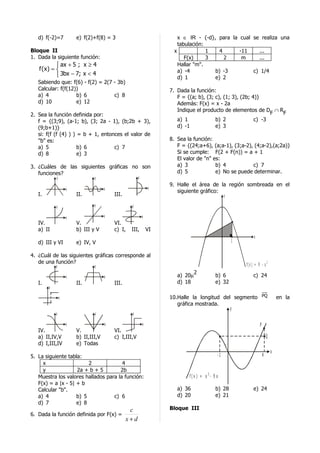d) f(-2)=7           e) f(2)+f(8) = 3                               x ∈ IR - {-d}, para la cual se realiza una
                                                                       tabulación:
Bloque II                                                            x             1   4      -11    ...
1. Dada la siguiente función:                                             F(x)     3     2     m     ...
            ax + 5 ; x ≥ 4                                            Hallar "m".
   f (x) =                                                            a) -4         b) -3         c) 1/4
            3bx − 7; x < 4                                            d) 1          e) 2
   Sabiendo que: f(6) - f(2) = 2(7 - 3b)
   Calcular: f(f(12))                                               7. Dada la función:
   a) 4             b) 6           c) 8                                F = {(a; b), (3; c), (1; 3), (2b; 4)}
   d) 10            e) 12                                              Además: F(x) = x - 2a
                                                                       Indique el producto de elementos de D ∩ R
2. Sea la función definida por:                                                                                 F F
   f = {(3;9), (a-1; b), (3; 2a - 1), (b;2b + 3),                      a) 1             b) 2              c) -3
   (9;b+1)}                                                            d) -1            e) 3
   si: f(f (f (4) ) ) = b + 1, entonces el valor de
   "b" es:                                                          8. Sea la función:
   a) 5               b) 6          c) 7                               F = {(24;a+6), (a;a-1), (3;a-2), (4;a-2),(a;2a)}
   d) 8               e) 3                                             Si se cumple: F(2 + F(n)) = a + 1
                                                                       El valor de "n" es:
3. ¿Cuáles de las siguientes gráficas no son                           a) 3             b) 4           c) 7
   funciones?                                                          d) 5             e) No se puede determinar.
            y                   y                      y
                                                                    9. Halle el área de la región sombreada en el
                    x                 x                        x
                                                                       siguiente gráfico:
   I.                   II.               III.                                            y

            y                   y                 y

                    x                 x                    x
   IV.                  V.                VI.
   a) II                b) III y V        c) I,   III,         VI
                                                                                                           x
   d) III y VI          e) IV, V                                                                  1

4. ¿Cuál de las siguientes gráficas corresponde al
   de una función?                                                                                    f(x ) = 9 - x
                                                                                                                       2
            y                   y
                                                                             2
                    x                 x                                a) 20µ             b) 6            c) 24
   I.                   II.               III.                         d) 18              e) 32
        y

                x                                                   10.Halle la longitud del segmento PQ                       en la
                                                                       gráfica mostrada.
                                                                                            y
            y                   y                 y

                    x                 x                    x                                                   P
   IV.                  V.                VI.
   a) II,IV,V           b) II,III,V       c) I,III,V                                                                   Q
   d) I,III,IV          e) Todas
                                                                                                                           x
5. La siguiente tabla:                                                                     -1                      4
     x                   2             4
     y              2a + b + 5        2b
   Muestra los valores hallados para la función:                            f(x ) = x 3- 9 x
   F(x) = a |x - 5| + b
   Calcular "b".                                                       a) 36              b) 28           e) 24
   a) 4             b) 5           c) 6                                d) 20              e) 21
   d) 7             e) 8
                                                  c                 Bloque III
6. Dada la función definida por F(x) =
                                                 x+d
 