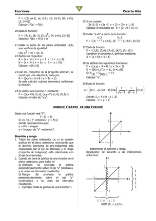 Funciones                                                                                               Cuarto Año

   F = {(2; a+2), (a; b-2), (2; 2a-1), (8; a+5),
   (3; 14-b)}                                            25.Si se cumple:
   Calcular: F(a) + F(b)                                     (2x-3; 5) + (3x -7; y + 2) = (7y + 1; 9)
                                                            Calcular el resultado de: E = (2; 3) + (x; y)
20.Dada la función:
                             2                           26.Hallar "a+b" a partir de la función:
   F = {(4; 8), (b; 3), (5; a ), (4; a+b), (5; 9)}
                                                                       a−3                      b+3
   Obtener: F(b) + F(5) + b
                                                            F = {(2; c + 2 ), (3;6), (2; 1 − c ), (9;4), (2;3)}
21.Hallar la suma de los pares ordenados (a;b)
   que verifican la igualdad:                            27.Dada la función:
         2                                                  F = {(1;8), (2;6), (3;-1), (4;7), (5;-11)}
   (2a; a + b) = (b; 3)                                     Construir el conjunto A, definido mediante:
22.Dados los conjuntos:                                     A = {x / F(x+1) ≥ 1}
   A = {x ∈ IN / x = y + 2 ∧ 1 < y ≤ 4}
   B = {x ∈ IN / x = 2y ∧ 6 < y ≤ 10}                    28.Se definen las siguientes funciones:
   Calcular: n(A x B)                                       F = {(x;y) ∈ R x R / y = 3x + 2}
                                                            G = {(4;n), (7;n + 1), (n+1;5)}
23.Con los conjuntos de la pregunta anterior, se            Si: F    +G         = 19
   construye una relación R, dada por:                           (4)     [G(a)]
   R = {(x;y) ∈ A x B / y = 3x + 2}                         Calcular "a".
   Se pide calcular cuántos elementos conforman
   la relación.                                          29.Dada la función:
                                                              
                                                                                              1       1                    
                                                          G =  (1; y − 2), ( y;1 − z), (3;1)       ;             , ( x; x )
                                                                                                                              
24.Se define una función F, mediante:                                                                            
                                                                                              x −3   5−x                   
                                                                                                                              
   F = {(a;x+5), (b;x), (a;y+7), (c;d), (b;3y)}
   Calcular el valor de "x.y".                              Donde: G ⊂ R x R ; x ∈ ZZ
                                                            Calcular "x + y + z"

                                   Dominio y rango De una funcion

Dada una función real "F".                                                             y
                     F:R→R
  Si: (x; y) ∈ F entonces: y = F(x)                                               3
  Donde recordaremos que:
  x = Pre - imagen                                                                          F
  y = Imagen de "x" mediante F.                                        -2
                                                                                                               x
                                                                                                    5
Dominio y rango
1. Todos los pares ordenados (x; y) se pueden
   graficar en el plano cartesiano, recordando que                                     -1
   el dominio (conjunto de pre-imágenes) está
   relacionado con el eje de abscisas; y el rango              Determinar el dominio y rango.
   (conjunto de imágenes) está relacionado con              Resolución: de acuerdo a las indicaciones
   el eje de ordenadas.                                     anteriores.
2. Cuando se tiene la gráfica de una función en el                                y
   plano cartesiano, para hallar el:
   a) Dominio:      se    proyecta       la    gráfica
   perpendicularmente sobre el eje "x" (abscisas),                            3
   y se unen los intervalos resultantes.                                                                           R
   b) Rango:       Se    proyecta       la     gráfica                                                             A
   perpendicularmente       sobre    el     eje    "y"            -2
                                                                                                           x       N
   (ordenadas), y se unen los intervalos                                                        5
   resultantes.                                                                                                    G
   • Ejemplo: Dada la gráfica de una función F.                                                                    O
                                                                                  -1

                                                                       D O M I N I O
                                                                            DOM (F) = [-2;5>
 
