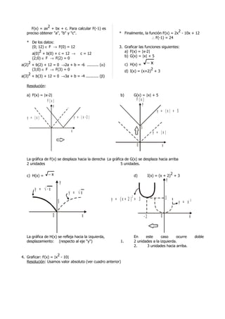 2
      F(x) = ax + bx + c. Para calcular F(-1) es
                                                                                             2
   preciso obtener "a", "b" y "c".                         * Finalmente, la función F(x) = 2x - 10x + 12
                                                                             ∴ F(-1) = 24
   * De los datos:
      (0; 12) ∈ F → F(0) = 12                              3. Graficar las funciones siguientes:
          2                                                   a) F(x) = |x-2|
      a(0) + b(0) + c = 12 → c = 12
                                                              b) G(x) = |x| + 5
      (2;0) ∈ F → F(2) = 0
    2
a(2) + b(2) + 12 = 0 →2a + b = -6 .......... (α)                 c) H(x) =        −x
      (3;0) ∈ F → F(3) = 0                                                      2
                                                                 d) I(x) = (x+2) + 3
    2
a(3) + b(3) + 12 = 0 →3a + b = -4 ........... (β)

   Resolución:

   a) F(x) = |x-2|                                          b)          G(x) = |x| + 5
                 F (x)                                                   F (x)
                     y                                                       y
                                                                                           y = |x | + 5
   y = |x |                           y = |x -2 |

                                                                             5
                                  x                                                     y = |x |

                                                                         0                    x


   La gráfica de F(x) se desplaza hacia la derecha La gráfica de G(x) se desplaza hacia arriba
   2 unidades                                               5 unidades.

                 −x                                                                                 2
   c) H(x) =                                                            d)            I(x) = (x + 2) + 3
                                                                                                   y
                             y
        y = √-x
                                 y = √x
                                                                    2
                                                       y = (x + 2 ) + 3                           3
                         5                                                                                y = x   2




                     0                     x                                     -2          0                    x



   La gráfica de H(x) se refleja hacia la izquierda,                    En     este     caso      ocurre              doble
   desplazamiento: (respecto al eje "y")                    1.          2 unidades a la izquierda.
                                                                        2.      3 unidades hacia arriba.

                      2
4. Graficar: F(x) = |x - 10|
   Resolución: Usamos valor absoluto (ver cuadro anterior)
 