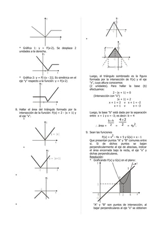 y                                                            y
                                                                                           2



                                                                                  -1                 x


                                                        x   *
                                                                                               y
    * Gráfica 1: y = F(x-2). Se desplaza 2                                                     2
    unidades a la derecha.
                          y                                                2

                                                                                   -1                    x


                                                                                       b

                                  2                 x
                                                                Luego, el triángulo sombreado es la figura
    * Gráfica 2: y = F[-(x - 2)]. Es simétrica en el
                                                                formada por la intersección de F(x) y el eje
    eje "y" respecto a la función: y = F(x-2)
                       y                                        "x", cuya altura conocemos
                                                                (2 unidades). Para hallar la base (b)
                                                                efectuamos:
                                                                                    2 - |x + 1| = 0
                                                                   (Intersección con "x")
                                                                                        |x + 1| = 2
                                                                                 x + 1 = 2 v x + 1 = -2
                                                x
                                                                                     x=1 v          x = -3
8. Hallar el área del triángulo formado por la
   intersección de la función: F(x) = 2 - |x + 1| y             Luego, la base "b" está dada por la separación
   el eje "x".                                                  entre x = 1 y x = -3; es decir: b = 4
       *
                                                                            b×h  4×2
                          y
                                                                    ∴ área = 2 =  2 = 4µ2.

                                                            9. Sean las funciones
                                           y = |x |
                                                                                 2
                                                                         F(x) = x - 4x + 5 y G(x) = x - 1
                                                               Que presentan puntos "A" y "B" comunes entre
                                                x
                                                               si. Si de dichos puntos se bajan
       *                                                       perpendicularmente al eje de abscisas, indicar
                                      y                        el área encerrada bajo la recta, el eje "x" y
                                                               dichas perpendiculares.
                                                               Resolución:
                                          y = |x+ 1 |
                                                               * Graficando F(x) y G(x) en el plano:
                                                                      y                                          F

                    -1                              x                                                    B

*
                                  y                                                            A

                                                                      1
                     -1
                                                x
                                                                      0                        T 2           R   x
                                                                     -1

*                                                                  "A" y "B" son puntos de intersección; al
                                                                   bajar perpendiculares al eje "x" se obtienen
 