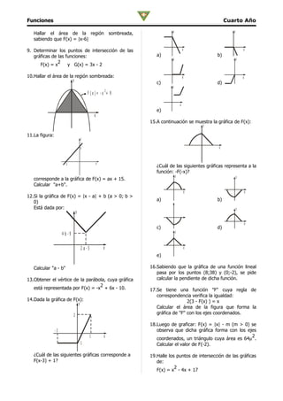 Funciones                                                                                                   Cuarto Año

   Hallar el área de la región sombreada,                                      y                               y
   sabiendo que F(x) = |x-6|

9. Determinar los puntos de intersección de las                                            x                           x
   gráficas de las funciones:                                          a)                              b)
                                                                               y                                   y
               2
      F(x) = x      y G(x) = 3x - 2

10.Hallar el área de la región sombreada:                                                  x                           x
                              y                                        c)                              d)
                                                                              y
                                                                2
                                           F (x )= -x + 9

                                                                                       x
                                                                       e)
                                                    x
                                                                    15.A continuación se muestra la gráfica de F(x):
                                                                                                   y

11.La figura:
                                       y

                                      b                                                                x



                       -5                               x
                                                                       ¿Cuál de las siguientes gráficas representa a la
                                                                       función: -F(-x)?
                                                                                   y                               y
   corresponde a la gráfica de F(x) = ax + 15.
   Calcular "a+b".
                                                                                               x                           x
12.Si la gráfica de F(x) = |x - a| + b (a > 0; b >
                                                                       a)                              b)
   0)
   Está dada por:                                                                                                  y
                                  y

                                                                                                                           x
                                                                       c)                              d)
                                                                                   y
                     4 b -9

                                       2 a -5               x                                  x
                                                                       e)

   Calcular "a - b"                                                 16.Sabiendo que la gráfica de una función lineal
                                                                       pasa por los puntos (8;38) y (0;-2), se pide
13.Obtener el vértice de la parábola, cuya gráfica                     calcular la pendiente de dicha función.
                                  2
   está representada por F(x) = -x + 6x - 10.                       17.Se tiene una función "F" cuya regla de
                                                                       correspondencia verifica la igualdad:
14.Dada la gráfica de F(x):                                                           2(3 - F(x) ) = x
                        y
                                                                       Calcular el área de la figura que forma la
                              2                                        gráfica de "F" con los ejes coordenados.

                                                                    18.Luego de graficar: F(x) = |x| - m (m > 0) se
                -3                                                     observa que dicha gráfica forma con los ejes
                                                1           x                                                    2
                                                                       coordenados, un triángulo cuya área es 64µ .
                                      -1                               Calcular el valor de F(-2).

   ¿Cuál de las siguientes gráficas corresponde a                   19.Halle los puntos de intersección de las gráficas
   F(x-3) + 1?                                                         de:
                                                                                2
                                                                       F(x) = x - 4x + 17
 