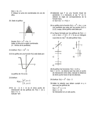 G(x) = 3x + 5
   E indique la suma de coordenadas de uno de         25.Sabiendo que F es una función lineal de
   ellos.                                                pendiente 3 e intersecta al eje "y" en 5;
                                                         obtener la regla de correspondencia de la
                                                         función G(x),
20. Dado el gráfico:                                     si: G(x+12) - x = F(1) +
                       y
                                                                                           2
                              V                       26.La gráfica de la función F(x) = x + bx + c es
                                                         una parábola que pasa por los puntos (0;2) y
                                                         (1;5). Luego, dicha gráfica está dada por:

                                   x                  27.La figura formada por las gráficas de F(x) = |
                                                         x-5| y G(x) = P (0 < P < 5) es un triángulo
                                                                         2
                                                         cuya área es 16µ . Se pide graficar G(x).
                     2                                            y                                y
   Donde: F(x) = -x + 6x - 5
   Hallar el área de la región sombreada.
   (V : Vértice de la parábola)                                           x                                x

                                                         a)                              b)
                       2                                          y                            y
21.Graficar: F(x) = -|x - 1|

22.Si la gráfica de una función F(x) está dada por:                   x                                x
                          y
                                                         c)                              d)
                                                                  y


                                                                      x

                                       x                 e)

                                                      28.Al graficar las funciones: f(x) = |x-5| y
                                                      G(x) = |x+3| ; se observa que hay solo un punto
                                                         de intersección entre ellos. Calcular la distancia
   La gráfica de -F(-x) es:
                                                         de dicho punto hacia el eje de abscisas.
23.Graficar:
                                                                           2
                  x2 ; x < 1                         29.Graficar: f(x) = x - 2|x| - 3
                  
           F(x) = 
                   5 ;x ≥ 1
                                                     30.Hallar la relación que deben cumplir m y n
                                                         para que las gráficas de:
24.Si: (a - 2; b + 1) es el único punto de                        2
                                                         F(x) = x + x + m
   intersección de las gráficas de: F(x) = |x| y         G(x) = n - 3x
   G(x) = 6 - x                                          Se intersecten en un solo punto.
   Calcular "ab".
 