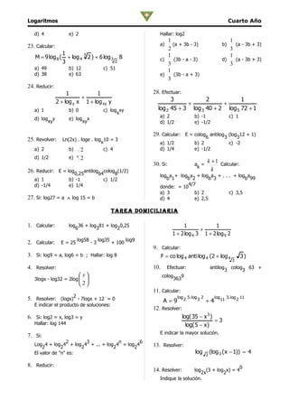 Logaritmos                                                                                                            Cuarto Año

   d) 4               e) 2                                           Hallar: log2
                                                                        1                                        1
23. Calcular:                                                        a)   (a + 3b - 3)                        b)   (a - 3b + 3)
                                                                        2                                        3
                   1                                                    1                                        1
   M = 9 log 8 (     + log 4 3 2 ) + 6 log 3 8                       c)    (3b - a - 3)                       d)   (a - 3b + 3)
                   3                        2
                                                                        3                                        3
   a) 49              b) 12                  c) 51                      1
   d) 38              e) 63                                          e)    (3b - a + 3)
                                                                        3
24. Reducir:
                     1            1                               28. Efectuar:
                           +                                              3                         2            1
                2 + log y x 1 + log xy y                                                  +               +
   a) 1               b) 0                   c) log xy              log 2 45 + 3              log 3 40 + 2 log 5 72 + 1
                                                   x
                                                                     a) 2                     b) -1                   c) 1
   d) log y           e) log x
         xy                 xy                                       d) 1/2                   e) -1/2

                                                                  29. Calcular: E = colog6 antilog3 (log312 + 1)
25. Revolver:      Ln(2x) . loge . log 10 = 3
                                      x                              a) 1/2                   b) 2                    c) -2
   a) 2               b) 2             c) 4                          d) 1/4                   e) -1/2
   d) 1/2             e)   4
                               2
                                                                                                    k + 1 Calcular:
                                                                  30. Si:                     a =
                                                                                               k
26. Reducir: E = log0,25antilog64colog8(1/2)                                                          k
                                                                     log a + log a + log a + . . . + log a
   a) 1               b) -1                  c) 1/2                     b 1     b 2        b 3          b 99
   d) -1/4            e) 1/4                                                     4/7
                                                                     donde: = 10
                                                                     a) 3           b) 2         c) 3,5
27. Si: log27 = a ∧ log 15 = b                                       d) 4           e) 2,5

                                                   Tarea Domiciliaria

1. Calcular:          log 36 + log 81 + log 0,25
                         6        3        2                                     1             1
                                                                                         +
                                                                            1 + 2 log 4 3 1 + 2 log 9 2
                           log58           log35           log9
2. Calcular:      E = 25              -3           + 100
                                                                  9. Calcular:
3. Si: log9 = a, log6 = b ; Hallar: log 8                            F = co log 4 anti log 4 (2 + log 4                      3)
                                                                                                                       3
4. Resolver:                                                      10.     Efectuar:                     antilog
                                                                                                                  3
                                                                                                                      colog 63 +
                                                                                                                           3
                                x                                     colog         9
   3logx - log32 = 2log                                                       363
                               2
                                                                  11. Calcular:
5. Resolver: (logx)2 - 7logx + 12 = 0                                   A=9
                                                                                 log 2 5. log 3 2
                                                                                                    +4
                                                                                                          log 11 3. log 2 11
   E indicar el producto de soluciones:
                                                                  12. Resolver:
6. Si: log2 = x, log3 = y                                                             log( 35 − x 3 )
   Hallar: log 144
                                                                                                      =3
                                                                                        log( 5 − x )
                                                                     E indicar la mayor solución.
7. Si:
                  2      3            n        6
   Log 4 + log 4 + log 4 + ... + log 4 = log 4                    13. Resolver:
       2        2      2            2       2
   El valor de "n" es:                                                                        log   2
                                                                                                        (log 2 ( x − 1)) = 4

8. Reducir:                                                                                                                  0
                                                                  14. Resolver:       log (3 + log x) = 4
                                                                                         2x       2
                                                                     Indique la solución.
 