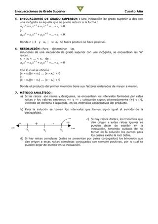 Inecuacaciones de Grado Superior                                                 Cuarto Año

     5. INECUACIONES DE GRADO SUPERIOR : Una inecuación de grado superior a dos con
        una incógnita es aquella que se puede reducir a la forma :
        a 0 x n + a1 x n −1 + a 2 x n − 2 + ... + a n > 0
        ó
        a 0 x n + a1 x n −1 + a 2 x n − 2 + ... + a n < 0

        Donde n ≥ 3         y    a0 ;     si a0 no fuera positivo se hace positivo.

     6. RESOLUCIÓN : Para       determinar las
        soluciones de una inecuación de grado superior con una incógnita, se encuentran las “n”
        raíces :
        x1 < x2 < ... < xn de :
        a 0 x n + a1 x n −1 + a 2 x n − 2 + ... + a n = 0

        Con lo cual se obtiene :
        (x – x1)(x – x2) ... (x - xn) > 0
        ó
        (x – x1)(x – x2) ... (x - xn) < 0

        Donde el producto del primer miembro tiene sus factores ordenados de mayor a menor.

     7. MÉTODO ANALÍTICO :
        a) Si las raíces son reales y desiguales, se encuentran los intervalos formados por estas
           raíces y los valores extremos +∞ y -∞ ; colocando signos alternadamente (+) y (-),
           viniendo de derecha a izquierda, en los intervalos consecutivos del producto.

        b) Para la solución se toman los intervalos que tienen signo igual al sentido de la
           desigualdad.

                                                       c) Si hay raíces dobles, los trinomios que
       -                +               _-                  +
                                                          dan origen a estas raíces iguales se
                                                          pueden dejar de escribir en la
-∞          x1                       xn       +∞          inecuación, teniendo cuidado de no
                         x2
                                                          tomar en la solución los puntos para
                                                          los cuales existe la raíz doble.
        d) Si hay raíces complejas (estas se presentan por pares conjugados) los trinomios que
           dan origen a estas raíces complejas conjugadas son siempre positivas, por lo cual se
           pueden dejar de escribir en la inecuación.
 