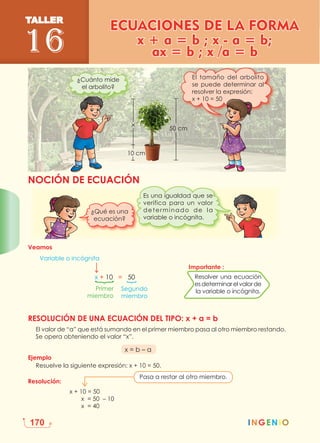 4.° primaria
L U D O M A T I C
INGENIO
170
Veamos
×
10 cm
50 cm
Variable o incógnita
x + 10 = 50
Primer
miembro
Segundo
miembro
x + 10 = 50
       x  = 50  – 10
       x  = 40
Pasa a restar al otro miembro.
NOCIÓN DE ECUACIÓN
RESOLUCIÓN DE UNA ECUACIÓN DEL TIPO: x + a = b
El valor de “a” que está sumando en el primer miembro pasa al otro miembro restando.
Se opera obteniendo el valor “x”.
x = b – a
Ejemplo
Resuelve la siguiente expresión: x + 10 = 50.
Resolución:
ECUACIONES DE LA FORMA
TALLER
16 x + a = b ; x - a = b;
ax = b ; x /a = b
El tamaño del arbolito
se puede determinar al
resolver la expresión:
x + 10 = 50
¿Cuánto mide
el arbolito?
¿Qué es una
ecuación?
Es una igualdad que se
verifica para un valor
determinado de la
variable o incógnita.
Importante :
Resolver una ecuación
esdeterminarelvalorde
la variable o incógnita.
 