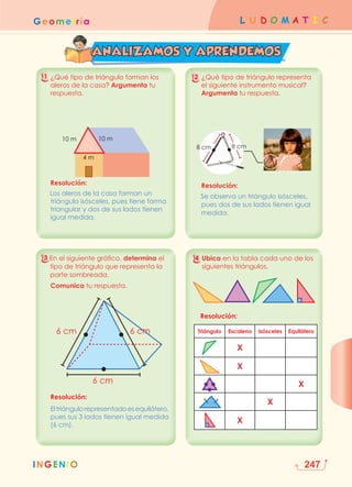 L U D O M A T I C
Geometría
INGENIO
INGENIO 247

En el siguiente gráfico, determina el
tipo de triángulo que representa la
parte sombreada.
Comunica tu respuesta.
6 cm
6 cm
6 cm
Resolución:
	
Eltriángulorepresentadoesequilátero,
pues sus 3 lados tienen igual medida
(6 cm).

En el siguiente gráfico, determina el
tipo de triángulo que representa la
parte sombreada.
Comunica tu respuesta.
6 cm
6 cm
6 cm
Resolución:
	
Eltriángulorepresentadoesequilátero,
pues sus 3 lados tienen igual medida
(6 cm).
¿Qué tipo de triángulo forman los
aleros de la casa? Argumenta tu
respuesta.
Resolución:
	
Los aleros de la casa forman un
triángulo isósceles, pues tiene forma
triangular y dos de sus lados tienen
igual medida.
¿Qué tipo de triángulo forman los
aleros de la casa? Argumenta tu
respuesta.
Resolución:
	
Los aleros de la casa forman un
triángulo isósceles, pues tiene forma
triangular y dos de sus lados tienen
igual medida.
¿Qué tipo de triángulo representa
el siguiente instrumento musical?
Argumenta tu respuesta.
Resolución:
Se observa un triángulo isósceles,
pues dos de sus lados tienen igual
medida.
¿Qué tipo de triángulo representa
el siguiente instrumento musical?
Argumenta tu respuesta.
Resolución:
Se observa un triángulo isósceles,
pues dos de sus lados tienen igual
medida.
ANALIZAMOS Y APRENDEMOS
1
3
2

Ubica en la tabla cada uno de los
siguientes triángulos.
Resolución:

Ubica en la tabla cada uno de los
siguientes triángulos.
Resolución:
4
Triángulo Escaleno Isósceles Equilátero
X
X
X
X
X
 