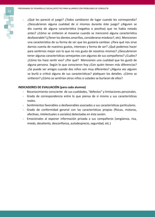 PROGRAMAS DE DESARROLLO SOCIAL/AFECTIVO PARA ALUMNOS CON PROBLEMAS DE CONDUCTA
52
- ¿Qué les pareció el juego? ¿Todos cambiaron de lugar cuando les correspondía?
¿Descubrieron alguna cualidad de sí mismos durante éste juego? ¿Alguien se
dio cuenta de alguna caracterís�ca (nega�va o posi�va) que no había notado
antes? ¿Cómo se sin�eron al moverse cuando se mencionó alguna caracterís�ca
desfavorable? (¿Tener los dientes amarillos, considerarse miedoso?, etc). Mencionen
una caracterís�ca de su forma de ser que les gustaría cambiar. ¿Para qué nos sirve
darnos cuenta de nuestros gustos, intereses y forma de ser? ¿Qué podemos hacer
para sen�rnos mejor con lo que no nos gusta de nosotros mismos? ¿Descubrieron
tener algunas caracterís�cas semejantes con algunos de sus compañeros? ¿Cuáles?
¿Cómo los hace sen�r eso? ¿Por qué? Mencionen una cualidad que les gustó de
alguna persona. Según lo que conocieron hoy ¿Con quién �enen más diferencias?
¿Se puede ser amigos cuando dos niños son muy diferentes? ¿Alguna vez alguien
se burló o cri�có alguna de sus caracterís�cas? pla�quen los detalles. ¿Cómo se
sin�eron? ¿Cómo se sen�rían otros niños si ustedes se burlaran de ellos?
INDICADORES DE EVALUACIÓN (para cada alumno)
- Reconocimiento consciente de sus cualidades, “defectos” y limitaciones personales.
- Grado de correspondencia entre lo que piensa de sí mismo y sus caracterís�cas
reales.
- Sen�mientos favorables o desfavorables asociados a sus caracterís�cas par�culares.
- Grado de conformidad general con las caracterís�cas propias (�sicas, motoras,
afec�vas, intelectuales o sociales) detectadas en ésta sesión.
- Emocionales al exponer información privada a sus compañeros (vergüenza, risa,
miedo, desaliento, desconﬁanza, autodesprecio, seguridad, etc.)
 