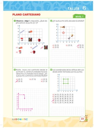 NIVEL 1
LUDOMATIC
1
3
2
4
	Observa y elige tu respuesta. ¿Qué ob-
jeto está en el punto (4; 1)?
1
1
0 2
2
3
3
4
4
5
5
6 7 x
y
a)			 b)		 c)
d)			 e)
¿
En qué punto está ubicada la estrella?
1
1
0 2
2
3
3
4
4
5
5
6 x
y
a) (5; 3)			 b) (3; 5)			 c) (2; 3)
d) (3; 2)										e) (2; 5)

Rosita inicia una caminata desde el
punto (0; 7), camina 3 unidades hacia la
derecha y 2 unidades hacia abajo. ¿En
qué punto culminó la caminata Rosita?
a) (0; 7)				 b) (7; 3)			 c) (3; 2)
d) (3; 5)										e) (1; 3)

Las coordenadas de los vértices del cua-
drado están formadas por los puntos:
1
1
0 2
2
3
3
4
4
5
5
6
6 x
y
a) (4; 5), (2; 3), (6; 3), (7; 3)
b) (4; 2), (4; 5), (6; 3), (7; 2)
c) (2; 4), (6; 4), (8; 5), (2; 1)
d) (2; 3), (2; 5), (4; 5), (4; 3)
e) (2; 1), (3; 1), (4; 5), (4; 3)
PLANO CARTESIANO
TALLER 6
23
7
6
5
4
3
2
1
0
1 2 3 4 5 6
 