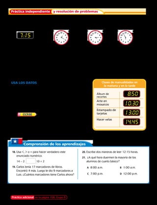 Práctica independiente y resolución de problemas
Escribe la hora para cada actividad. Usa a.m. o p.m.
7. desayunar	 8. la clase de matemática	9. jugar fuera	10.  mirar la puesta de sol
7:15
Escribe la hora usando números.
Usa a.m. o p.m.
	11.	un cuarto de hora después de las 8 de la
mañana.
	13.	media hora después de la medianoche.
	12.	5 minutos para las 9 de la noche.
	14.	20 minutos para el mediodía.
Usa los datos Para los ejercicios 15 al 17, usa
la tabla.
	15.	Teresa quiere ir a clase de arte en mosaicos. Escribe
la hora de la clase usando a.m. o p.m.
	16.	Brenda tomó las primeras clases de la mañana y de la
tarde. ¿Qué clases tomó?
	17.	 María almuerza al mediodía. ¿Qué
clases hay antes del almuerzo de María? Explica
cómo lo sabes.
Clases de manualidades en
la mañana y en la tarde
Álbum de
recortes
Arte en
mosaicos
Estampado de
tarjetas
Hacer velas
8:50
10:30
13:00
14:45
Comprensión de los aprendizajes
	18.	Usa ,  o = para hacer verdadero este
enunciado numérico.
		14 – 2 10 + 2
	19.	Carlos tenía 17 marcadores de libros.
Encontró 4 más. Luego le dio 9 marcadores a
Luis. ¿Cuántos marcadores tiene Carlos ahora?
	20.	Escribe dos maneras de leer 12:15 horas.
	21.	 ¿A qué hora duermen la mayoría de los
alumnos de cuarto básico?
	 A	 8:00 a.m.	 B	 1:00 a.m.	
		C	 7:00 p.m. 	 D	 12:00 p.m.	
Práctica adicional en la página 108, Grupo B Capítulo 4 97
 