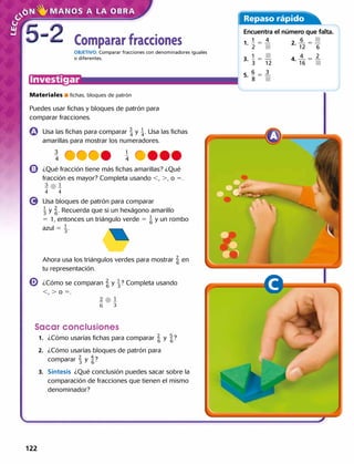 Comparar fracciones
OBJETIVO: Comparar fracciones con denominadores iguales
o diferentes.
Repaso rápido
Encuentra el número que falta.
1.  	​1
 __ 
2
​ 5 ​  4
 __ 

​	 2.	​  6
 ___ 
12
​ 5 ​ __ 
6
 ​
3.  	​1
 __ 
3
​ 5 ​  ___ 
12
​	 4.	​  4
 ___ 
16
​ 5 ​  2
 __ 

​
5.  	​6
 __ 
8
​ 5 ​  3
 __ 

​ 
Materiales  fichas, bloques de patrón
Puedes usar fichas y bloques de patrón para
comparar fracciones.
	 Usa las fichas para comparar ​ 3
 
_ 4
 ​y ​ 1
 
_ 4
 ​. Usa las fichas
amarillas para mostrar los numeradores.
	​3
 __ 
4
​	 ​1
 __ 
4
​
	 ¿Qué fracción tiene más fichas amarillas? ¿Qué
fracción es mayor? Completa usando ,, ., o 5.	
d
	 Usa bloques de patrón para comparar
​ 1
 
_ 3
 ​y ​ 2
 
_ 6
 ​. Recuerda que si un hexágono amarillo
5 1, entonces un triángulo verde 5 ​ 1
 
_ 6
 ​y un rombo
azul 5 ​ 1
 
_ 3
 ​.
	 Ahora usa los triángulos verdes para mostrar ​ 2
 
_ 6
 ​en
tu representación.
	 ¿Cómo se comparan ​ 2
 
_ 6
 ​y ​ 1
 
_ 3
 ​? Completa usando
,, . o 5. 
	 d
Sacar conclusiones
	1.	 ¿Cómo usarías fichas para comparar ​ 2
 
_ 6
 ​y ​ 5
 
_ 6
 ​?
	2.	 ¿Cómo usarías bloques de patrón para
comparar ​ 2
 
_ 3
 ​y ​ 4
 
_ 6
 ​?
	3.	 Síntesis  ¿Qué conclusión puedes sacar sobre la
comparación de fracciones que tienen el mismo
denominador? 
3
4
1
4
2
6
1
3
5-25-2
122 
 