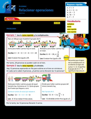 Resta para hallar cuántos grupos de igual
tamaño hay. Comienza en 12. Quita grupos
de 4 hasta que llegues a cero.
Cuenta el número de veces que restaste 4.
Escribe:  12 2 4 2 4 2 4 5 0 
Lee:  A 12 se restan 4 tres veces.
Divide para hallar cuántos grupos del
mismo tamaño hay.
Hay 3 grupos de 4.
Escribe:  12 : 4 5 3 o ​
12
4
5 3	 
Lee:  12 dividido entre 4 es igual a 3.
Por lo tanto, las 12 personas llenarán 3 carros.
ÁLGEBRA
Relacionar operaciones
OBJETIVO: relacionar la suma repetida con la multiplicación y la resta
repetida con la división.
Cuando multiplicas, combinas grupos de igual tamaño. Cuando divides,
separas en grupos de igual tamaño o hallas cuántos hay en cada grupo.
PROBLEMA  El tren en miniatura tiene 6 carros. En cada carro caben 4
personas. ¿Cuántas personas se pueden subir en el tren?
Por tanto, 24 personas se pueden subir en el tren.
Ejemplo 2  Usa la resta repetida y la división.
Hay 12 personas esperando en fila para subirse en el tren en miniatura.
En cada carro caben 4 personas. ¿Cuántos carros llenarán las 12 personas?
Ejemplo 1  Usa la suma repetida y la multiplicación.
Haz un dibujo que muestre 6 grupos de 4.
Suma para hallar cuántos hay en total.
Escribe: 4 1 4 1 4 1 4 1 4 1 4 5 24
Lee: 6 veces 4 es igual a 24.
Multiplica para hallar cuántos hay
en total.
Escribe: 6 • 4 5 24, o
Lee: 6 veces 4 es igual a 24.
Repaso rápido
1. 7 1 7 
2. 3 1 3 1 3 
3. 21 2 7 
4. 14 2 7 
5. 7 2 7 
Vocabulario
multiplicar	
dividir
suma repetida
resta repetida
Aprende
4
• 6
24
2-12-1
LECC IÓN
38 
Recuerda que el signo
de la multiplicación (•)
es distinto al signo de
suma (1). 6 • 4 significa
6 grupos de 4. 6 1 4
significa 6 más otros 4.
 