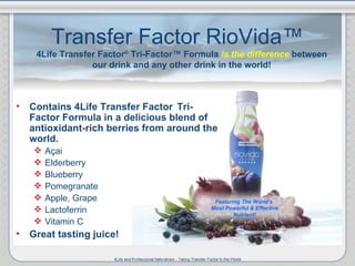 Transfer Factor RioVida ™ <ul><li>Contains 4Life Transfer Factor  Tri-Factor Formula in a delicious blend of antioxidant -...
