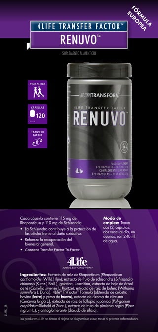 RENUVO™
4LIFE TRANSFER FACTOR™
RENUVO™
4LIFE TRANSFER FACTOR™
Ingredientes: Extracto de raíz de Rhaponticum (Rhaponticum
carthamoides (Willd.) Iljin), extracto de fruto de schisandra (Schisandra
chinensis (Kurcz.) Baill.), gelatina, L-carnitina, extracto de hoja de árbol
de té (Camellia sinensis L. Kuntze), extracto de raíz de bufera (Withania
somnifera L. Dunal), 4Life®
Tri-Factor™
Formula (obtenido de calostro
bovino (leche) y yema de huevo), extracto de rizoma de cúrcuma
(Curcuma longa L.), extracto de raíz de fallopia japónica (Polygonum
cuspidatum Siebold et Zucc.), extracto de fruto de pimienta negra (Piper
nigrum L.), y antiaglomerante (dióxido de silicio).
SUPLEMENTO ALIMENTICIO
Los productos 4Life no tienen el objeto de diagnosticar, curar, tratar ni prevenir enfermedades.
Cada cápsula contiene 115 mg de
Rhaponticum y 110 mg de Schisandra.
•	 La Schisandra contribuye a la protección de
las células frente al daño oxidativo.
•	 Refuerza la recuperación del
bienestar general.
•	 Contiene Transfer Factor Tri-Factor
Modo de
empleo: Tomar
dos (2) cápsulas,
dos veces al día, en
ayunas, con 240 ml
de agua.
120
CÁPSULAS
VIDA ACTIVA
TRANSFER
FACTOR
012717_SP
FÓ
RM
U
LA
EU
RO
PEA
 