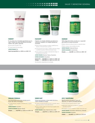 SALUD Y BIENESTAR GENERAL




FEMRITE®                                                                                       FLEX4LIFE®                                                                                    GURMAR
Es una crema única, formulada especialmente para la                                            Cápsulas con nutrientes diseñados para lubricar las                                           Yerba antigua de la India conocida por su capacidad
mujer. Contiene una mezcla de extractos de camote                                              coyunturas y respaldar una completa habilidad de                                              para disminuir el antojo de azúcares
silvestre, aloe, jojoba y aguacate                                                             movimiento
                                                                                                                                                                                             •	 Ayuda a disminuir los antojos de azúcar con gymnema silvestre
•	 Incluye extracto de pepino y aloe                                                           •	 Brinda una fórmula mejorada con poderoso respaldo para los
                                                                                                                                                                                             • Ayuda a mantener niveles saludables de azúcar
                                                                                                  músculos y la lubricación de las coyunturas
•	 Contiene extracto de camote silvestre
                                                                                                                                                                                             SOPORTE PRIMARIO: Niveles de Glucosa
                                                                                               • Incluye glucosamina para ayudar a mantener la salud del cartílago
SOPORTE PRIMARIO: Piel
                                                                                                  y a estimular la producción del lubricante líquido sinovial                                SOPORTE SECUNDARIO: Control de Peso
(Tubo de 2 oz líq.) .Artículo #22540 Mayoreo: $18.95 | Menudeo: $23.95 | 17 LP
                                                                                               • Incluye condroitin para respaldar la elasticidad del cartílago y la                         (60 cápsulas).......................Artículo #4001 Mayoreo: $15.95 | Menudeo: $20.95 | 14 LP
                                                                                                  viscosidad de las articulaciones

                                                                                               SOPORTE PRIMARIO: Músculos, Huesos y Coyunturas

                                                                                               SOPORTE SECUNDARIO: Antioxidante

                                                                                               (Crema de 2 oz líq.)...........Artículo #23507 Mayoreo: $17.95 | Menudeo: $22.95 | 15 LP
                                                                                               (90 cápsulas).....................Artículo #23503 Mayoreo: $26.95 | Menudeo: $31.95 | 22 LP

                                                                                               Esta información corresponde solo a las cápsulas




IMMUNE FORMULA                                                                                 INNER SUN®                                                                                    LIFE C® MASTICABLE
Una fórmula básica que provee nutrientes para la                                               Fórmula para promover un buen estado de ánimo y                                               Mezcla exclusiva de vitamina C para una
función del sistema inmunológico                                                               niveles saludables de energía                                                                 absorción y un soporte antioxidante elevados
•	 Contiene echinacea, astragalus y schisandra para un respaldo                                •	 Contiene una mezcla de hierba de san Juan, manzanilla, romero y                            •	 Provee siete formas activas de vitamina C natural
   adicional                                                                                      espino para promover un buen estado de ánimo
                                                                                                                                                                                             • Utiliza formas variadas para una absorción y protección
SOPORTE PRIMARIO: Inmunitario                                                                  • Incluye un potente complejo de vitamina B para respaldar niveles                              antioxidante mejoradas
                                                                                                  saludables de energía
SOPORTE SECUNDARIO: Bienestar General                                                                                                                                                        • Da respaldo a la función saludable de múltiples sistemas del cuerpo
                                                                                               SOPORTE PRIMARIO: Sueño, Estado de ánimo y Estrés
(60 cápsulas).......................Artículo #7050 Mayoreo: $16.95 | Menudeo: $21.95 | 15 LP                                                                                                 SOPORTE PRIMARIO: Antioxidante,  ultivitaminas y Minerales
                                                                                                                                                                                                                             M
                                                                                               (120 cápsulas).....................Artículo #7100 Mayoreo: $22.95 | Menudeo: $27.95 | 17 LP
                                                                                                                                                                                             SOPORTE SECUNDARIO: Inmunitario

                                                                                                                                                                                             (60 tabletas).................... Artículo #28077 Mayoreo: $12.95 | Menudeo: $17.95 | 9 LP




                                                                                                                                                                                                                                              WWW.4LIFE.COM/USSPANISH [29]
 