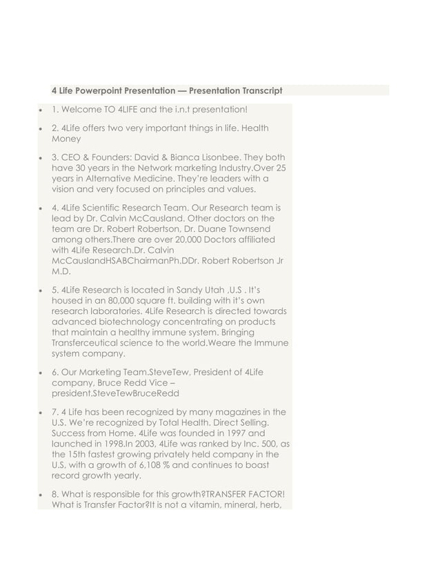 4 life powerpoint presentation transcript int | PDF