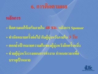 6. กำรติดตำมผล
หลักการ
+ ติดตามผลให้ เสร็จภายใน 48 ชม. หลังการ Sponsor
+ ทานัดหมายครั้งต่ อไป กับผู้ม่ ุงหวังภายใน 3 วัน
+ ตอกยาเปาหมายความฝันของผู้ม่ ุงหวังอีกครั้งหนึ่ง
          ้ ้
+ ช่ วยผู้ม่ ุงหวังวางแผนการทางาน กาหนดเวลาเพือ
                                              ่
  บรรลุเปาหมาย
            ้
 
