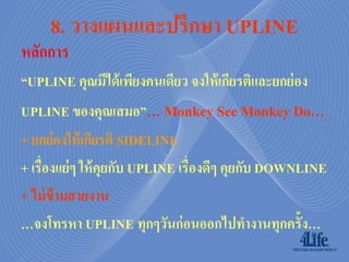 8. วำงแผนและปรึกษำ UPLINE
หลักการ
“UPLINE คุณมีได้ เพียงคนเดียว จงให้ เกียรติและยกย่ อง
UPLINE ของคุณเสมอ”… Monkey See Monkey Do…
+ ยกย่ องให้ เกียรติ SIDELINE
+ เรื่องแย่ ๆ ให้ คุยกับ UPLINE เรื่องดีๆ คุยกับ DOWNLINE
+ ไม่ ข้ามสายงาน
…จงโทรหา UPLINE ทุกๆวันก่ อนออกไปทางานทุกครั้ง…
 