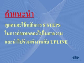 คำแนะนำ
ทุกคนจะใช้ หลักกำร 8 STEPS
ในกำรถ่ ำยทอดลงไปในสำยงำน
และนำไปร่ วมทำงำนกับ UPLINE
 