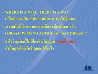 + WHERE IS A WILL, THERE IS A WAY
  ( ทีใดมีความฝัน, ทีน้ันย่ อมมีหนทางมุ่งไปสู่ เสมอ )
      ่              ่
+ ความฝันที่ปราศจากการลงมือทา คือ ฝันกลางวัน
  ( DREAM WITH NO ACTION IS “ DAY DREAM ” )
+ จาไว้ ว่าธุรกิจนีไม่ มใครจ้ างให้ คุณทา คุณเลือกเอง
                   ้ ี
  ดังนั้นคุณต้ องฝันว่ าคุณจะได้ อะไร
 