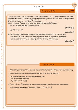 ΤακηςΤσακαλακοςhttp://drmaths58demo.blogspot.gr
Τ ρ α π ε ζ ι ο
Θ ε μ α 1 3 3 ο 3724
Δινεται κυκλος (O, R) με διαμετρο ΑΒ και δυο ευθειες ε1 , ε2 εφαπτομενες του κυκλου στα
ακρα της διαμετρου ΑΒ. Εστω οτι, μια τριτη ευθεια ε εφαπτεται του κυκλου σ΄ ενα σημειο του
Ε και τεμνει τις ε1 , ε2 στα Δ και Γ αντιστοιχα.
α) Αν το σημειο Ε δεν ειναι το μεσο του τοξου ΑΒ, να αποδειξετε οτι:
i) Το τετραπλευρο ΑΒΓΔ ειναι τραπεζιο.
(Μοναδες 8)
ii) ΓΔ = ΑΔ + ΒΓ
(Μοναδες 8)
β) Αν το σημειο Ε βρισκεται στο μεσον του τοξου ΑΒ, να αποδειξετε οτι το τετρα-
πλευρο ΑΔΓΒ ειναι ορθογωνιο. Στην περιπτωση αυτη να εκφρασετε την περιμε-
τρο του ορθογωνιου ΑΔΓΒ ως συναρτηση της ακτινας R του κυκλου.
(Μοναδες 9)
289
● Τα εφαπτομενα τμηματα κυκλου που αγονται απο σημειο εκτος αυτου ειναι ισα μεταξυ τους.
● Η επικεντρη γωνια ειναι τοσες μοιρες οσες και το αντιστοιχο τοξο της .
● Ενα παραλληλογραμμο θα ειναι ορθογωνιο αν εχει:
● μια γωνια ορθη (ορισμος).
● τις διαγωνιες του ισες.
●Τ ρ α π ε ζ ι ο : Ειναι το κυρτο τετραπλευρο που εχει μονο δυο πλευρες παραλληλες.
● Η περιμετρος ορθογωνιου πλευρων α, β ειναι : Π = 2(α + β) .
... χ ρ η σ ι μ ο
 