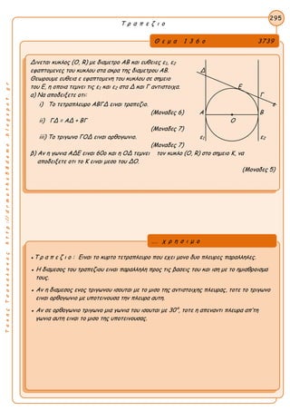 ΤακηςΤσακαλακοςhttp://drmaths58demo.blogspot.gr
Τ ρ α π ε ζ ι ο
Θ ε μ α 1 3 6 ο 3739
Δινεται κυκλος (Ο, R) με διαμετρο ΑΒ και ευθειες ε1, ε2
εφαπτομενες του κυκλου στα ακρα της διαμετρου ΑΒ. Δ
Θεωρουμε ευθεια ε εφαπτομενη του κυκλου σε σημειο
του Ε, η οποια τεμνει τις ε1 και ε2 στα Δ και Γ αντιστοιχα. Ε
α) Να αποδειξετε οτι: Γ
i) Το τετραπλευρο ΑΒΓΔ ειναι τραπεζιο. ε
(Μοναδες 6) Α Β
ii) ΓΔ = ΑΔ + ΒΓ Ο
(Μοναδες 7)
iii) Το τριγωνο ΓΟΔ ειναι ορθογωνιο. ε1 ε2
(Μοναδες 7)
β) Αν η γωνια ΑΔΕ ειναι 60ο και η ΟΔ τεμνει τον κυκλο (Ο, R) στο σημειο Κ, να
αποδειξετε οτι το Κ ειναι μεσο του ΔΟ.
(Μοναδες 5)
295
●Τ ρ α π ε ζ ι ο : Ειναι το κυρτο τετραπλευρο που εχει μονο δυο πλευρες παραλληλες.
● Η διαμεσος του τραπεζιου ειναι παραλληλη προς τις βασεις του και ιση με το ημιαθροισμα
τους.
● Αν η διαμεσος ενος τριγωνου ισουται με το μισο της αντιστοιχης πλευρας, τοτε το τριγωνο
ειναι ορθογωνιο με υποτεινουσα την πλευρα αυτη.
● Αν σε ορθογωνιο τριγωνο μια γωνια του ισουται με 30°, τοτε η απεναντι πλευρα απ’τη
γωνια αυτη ειναι το μισο της υποτεινουσας.
... χ ρ η σ ι μ ο
 