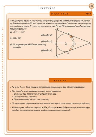 ΤακηςΤσακαλακοςhttp://drmaths58demo.blogspot.gr
Τ ρ α π ε ζ ι ο
Θ ε μ α 1 5 0 ο 4648
Απο εξωτερικο σημειο Ρ ενος κυκλου κεντρου Ο φερουμε τα εφαπτομενα τμηματα ΡΑ, ΡΒ και
τη διακεντρικη ευθεια ΡΟ που τεμνει τον κυκλο στα σημεια Δ και Γ αντιστοιχα. Η εφαπτομενη
του κυκλου στο σημειο Γ τεμνει τις προεκτασεις των ΡΑ και ΡΒ στα σημεια Ε και Ζ αντιστοιχα.
Να αποδειξετε οτι: Ε
α)  ΔΑΡ = ΔΒΡ
(Μοναδες 8)
β) ΕΑ = ΖΒ
(Μοναδες 9)
γ) Το τετραπλευρο ΑΒΖΕ ειναι ισοσκελες Γ Ο Δ Ρ
τραπεζιο
(Μοναδες 8)
Β
Ζ
323
●Τ ρ α π ε ζ ι ο : Ειναι το κυρτο τετραπλευρο που εχει μονο δυο πλευρες παραλληλες.
● Ενα τραπεζιο ειναι ισοσκελες αν ισχυει μια τις παρακατω.
● Οι γωνιες που προσκεινται σε μια βαση ειναι ισες.
● Οι διαγωνιοι του ειναι ισες.
● Οι μη παραλληλες πλευρες του ειναι ισες.
● Τα εφαπτομενα τμηματα κυκλου που αγονται απο σημειο εκτος αυτου ειναι ισα μεταξυ τους.
● Η διακεντρικη ευθεια του σημειου Α (ΟΑ, Ο κεντρο κυκλου) διχοτομει την γωνια που σχη-
ματιζουν τα εφαπτομενα τμηματα κυκλου που αγονται απο σημειο Α .
... χ ρ η σ ι μ ο
Α
 