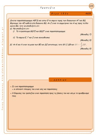 ΤακηςΤσακαλακοςhttp://drmaths58demo.blogspot.gr
Τ ρ α π ε ζ ι ο
Θ ε μ α 1 5 3 ο 4655
Δινεται παραλληλογραμμο ΑΒΓΔ και εστω Ο το σημειο τομης των διαγωνιων ΑΓ και ΒΔ.
Φερνουμε την ΑΕ καθετη στη διαγωνιο ΒΔ. Αν Ζ ειναι το συμμετρικο του Α ως προς τη δια-
γωνιο ΒΔ, τοτε να αποδειξετε οτι:
α) Να αποδειξετε οτι:
i) Τα τετραπλευρα ΒΔΓΕ και ΒΔΖΓ ειναι παραλληλογραμμα.
(Μοναδες 7)
ii) Τα σημεια Ε, Γ και Ζ ειναι συνευθειακα.
(Μοναδες 9)
β) Αν Κ και Λ ειναι τα μεσα των ΒΕ και ΔΖ αντιστοιχα, τοτε KΛ || ΔB και
3
ΚΛ = ΔΒ
2
.
(Μοναδες 9)
329
● Σε ενα παραλληλογραμμο
● οι απεναντι πλευρες του ειναι ισες και παραλληλες.
● Η διαμεσος του τραπεζιου ειναι παραλληλη προς τις βασεις του και ιση με το ημιαθροισμα
τους.
... χ ρ η σ ι μ ο
 