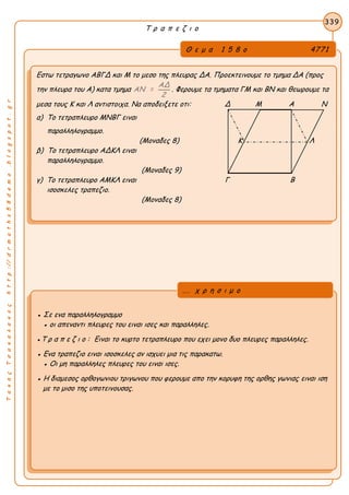 ΤακηςΤσακαλακοςhttp://drmaths58demo.blogspot.gr
Τ ρ α π ε ζ ι ο
Θ ε μ α 1 5 8 ο 4771
Εστω τετραγωνο ΑΒΓΔ και Μ το μεσο της πλευρας ΔΑ. Προεκτεινουμε το τμημα ΔΑ (προς
την πλευρα του Α) κατα τμημα
ΑΔ
ΑΝ =
2
. Φερουμε τα τμηματα ΓΜ και ΒΝ και θεωρουμε τα
μεσα τους Κ και Λ αντιστοιχα. Να αποδειξετε οτι: Δ Μ Α Ν
α) Το τετραπλευρο ΜΝΒΓ ειναι
παραλληλογραμμο.
(Μοναδες 8) Κ Λ
β) Το τετραπλευρο ΑΔΚΛ ειναι
παραλληλογραμμο.
(Μοναδες 9)
γ) Το τετραπλευρο ΑΜΚΛ ειναι Γ Β
ισοσκελες τραπεζιο.
(Μοναδες 8)
339
● Σε ενα παραλληλογραμμο
● οι απεναντι πλευρες του ειναι ισες και παραλληλες.
●Τ ρ α π ε ζ ι ο : Ειναι το κυρτο τετραπλευρο που εχει μονο δυο πλευρες παραλληλες.
● Ενα τραπεζιο ειναι ισοσκελες αν ισχυει μια τις παρακατω.
● Οι μη παραλληλες πλευρες του ειναι ισες.
● Η διαμεσος ορθογωνιου τριγωνου που φερουμε απο την κορυφη της ορθης γωνιας ειναι ιση
με το μισο της υποτεινουσας.
... χ ρ η σ ι μ ο
 