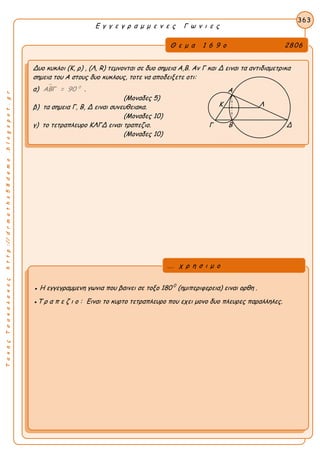 ΤακηςΤσακαλακοςhttp://drmaths58demo.blogspot.gr
Ε γ γ ε γ ρ α μ μ ε ν ε ς Γ ω ν ι ε ς
Θ ε μ α 1 6 9 ο 2806
Δυο κυκλοι (Κ, ρ) , (Λ, R) τεμνονται σε δυο σημεια Α,Β. Αν Γ και Δ ειναι τα αντιδιαμετρικα
σημεια του Α στους δυο κυκλους, τοτε να αποδειξετε οτι:
α)  0
ΑΒΓ = 90 .
(Μοναδες 5)
β) τα σημεια Γ, Β, Δ ειναι συνευθειακα.
(Μοναδες 10)
γ) το τετραπλευρο ΚΛΓΔ ειναι τραπεζιο. Γ Β Δ
(Μοναδες 10)
363
● Η εγγεγραμμενη γωνια που βαινει σε τοξο 180 0
(ημιπεριφερεια) ειναι ορθη .
●Τ ρ α π ε ζ ι ο : Ειναι το κυρτο τετραπλευρο που εχει μονο δυο πλευρες παραλληλες.
... χ ρ η σ ι μ ο
Κ Λ
Α
 