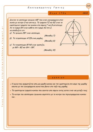 ΤακηςΤσακαλακοςhttp://drmaths58demo.blogspot.gr
Ε γ γ ε γ ρ α μ μ ε ν ε ς Γ ω ν ι ε ς
Θ ε μ α 1 7 0 ο 2810
Δινεται το ισοπλευρο τριγωνο ΑΒΓ που ειναι εγγεγραμμενο στον Α
κυκλο με κεντρο Ο και ακτινα ρ. Τα τμηματα ΓΖ και ΒΖ ειναι τα
εφαπτομενα τμηματα του κυκλου στα σημεια Γ και Β αντιστοιχα.
Αν το τμημα ΘΗ ειναι καθετο στο τμημα ΑΖ στο Ζ, Ο
να αποδειξετε οτι:
α) Το τριγωνο ΖΒΓ ειναι ισοπλευρο.
(Μοναδες 7)
β) Το τετραπλευρο ΑΓΖΒ ειναι ρομβος.
(Μοναδες 8)
γ) Το τετραπλευρο ΒΓΗΘ ειναι τραπεζιο, Θ Ζ Η
με BΘ = BZ και ΘH = 2BΓ.
(Μοναδες 10)
365
● Η γωνια που σχηματιζεται απο μια χορδη κυκλου και την εφαπτομενη στο ακρο της χορδης
ισουται με την εγγεγραμμενη γωνια που βαινει στο τοξο της χορδης.
● Τα εφαπτομενα τμηματα κυκλου που αγονται απο σημειο εκτος αυτου ειναι ισα μεταξυ τους.
● Το κεντρο του ισοπλευρου τριγωνου συμπιπτει με το κεντρο του περιγεγραμμενου κυκλου
του .
... χ ρ η σ ι μ ο
Β Γ
Ε
 