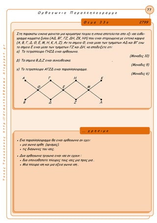 ΤακηςΤσακαλακοςhttp://drmaths58demo.blogspot.gr
Ο ρ θ ο γ ω ν ι ο Π α ρ α λ λ η λ ο γ ρ α μ μ ο
Θ ε μ α 3 3 ο 2799
Στη παρακατω εικονα φαινεται μια κρεμαστρα τοιχου η οποια αποτελειται απο εξι ισα ευθυ-
γραμμα κομματια ξυλου (ΑΔ, ΒΓ, ΓΖ, ΔΗ, ΖΚ, ΗΛ) που ειναι στερεωμενα με εντεκα καρφια
(Α, Β, Γ, Δ, Θ, Ε, Μ, Η, Κ, Λ, Ζ). Αν το σημειο Θ, ειναι μεσο των τμηματων ΑΔ και ΒΓ ενω
το σημειο Ε ειναι μεσο των τμηματων ΓΖ και ΔΗ, να αποδειξετε οτι:
α) Το τετραπλευρο ΓΗΖΔ ειναι ορθογωνιο.
(Μοναδες 10)
β) Τα σημεια Β,Δ,Ζ ειναι συνευθειακα. .
(Μοναδες 9)
γ) Το τετραπλευρο ΑΓΖΔ ειναι παραλληλογραμμο.
(Μοναδες 6)
Α Γ Η Κ
Θ Ε Μ
Β Δ Ζ Λ
77
● Ενα παραλληλογραμμο θα ειναι ορθογωνιο αν εχει:
● μια γωνια ορθη (ορισμος).
● τις διαγωνιες του ισες.
● Δυο ορθογωνια τριγωνα ειναι ισα αν εχουν :
● δυο οποιεσδηποτε πλευρες τους ισες μια προς μια .
● Μια πλευρα ιση και μια οξεια γωνια ιση .
... χ ρ η σ ι μ ο
 