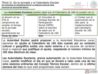 Las Autoridades Escolares podrán optar por el Calendario de 185 al cumplir con lo
siguiente:
Título II. De la jornada y el Calendario Escolar
DEL ESQUEMA DE ORGANIZACIÓN DE LA JORNADA ESCOLAR PARA
ESCUELAS DE EDUCACIÓN BÁSICA
a) Asumir en su
CTE el
compromiso de
ampliar el tiempo
de la jornada
escolar,
garantizando las
horas de clase
requeridas
b) Consultar al
Consejo Escolar de
Participación
Social (CEPS)
sobre la decisión
de optar por el
Calendario de 185
días
c) Contar con la
autorización de la
AEL para la
implementación
del Calendario
Escolar de 185
días
La Autoridad Escolar podrá proponer a la Autoridad Educativa Local,
opciones de ajuste al Calendario de 185 días cuando por su contexto
cultural o geográfico exista una razón externa a la escuela de carácter
local o regional que justifique el ajuste, respetando el número mínimo de
185 días efectivos de clase.
Las Autoridades Escolares, previa autorización de la Autoridad Educativa
Local, podrán modificar el día en que se llevará a cabo cada una de las
ocho sesiones ordinarias del Consejo Técnico Escolar, dentro de la última
semana del mes en que esté programada cada sesión.
 