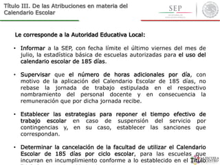 Título III. De las Atribuciones en materia del
Calendario Escolar
Le corresponde a la Autoridad Educativa Local:
• Informar a la SEP, con fecha límite el último viernes del mes de
julio, la estadística básica de escuelas autorizadas para el uso del
calendario escolar de 185 días.
• Supervisar que el número de horas adicionales por día, con
motivo de la aplicación del Calendario Escolar de 185 días, no
rebase la jornada de trabajo estipulada en el respectivo
nombramiento del personal docente y en consecuencia la
remuneración que por dicha jornada recibe.
• Establecer las estrategias para reponer el tiempo efectivo de
trabajo escolar en caso de suspensión del servicio por
contingencias y, en su caso, establecer las sanciones que
correspondan.
• Determinar la cancelación de la facultad de utilizar el Calendario
Escolar de 185 días por ciclo escolar, para las escuelas que
incurran en incumplimiento conforme a lo establecido en el Título
 