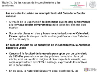 Título IV. De las causas de incumplimiento y las
sanciones
Las escuelas incurrirán en incumplimiento del Calendario Escolar
cuando:
• A través de la Supervisión se identifique que no dan cumplimiento
a la jornada escolar comprometida para todos los días del ciclo
escolar.
• Suspender clases en días y horas no autorizados en el Calendario
Escolar aplicable sin que medie motivo justificado, caso fortuito o
de fuerza mayor.
En caso de incurrir en los supuestos de Incumplimiento, la Autoridad
Educativa Local:
• Cancelará la facultad de la escuela para optar por un calendario
de 185 días para el ciclo escolar próximo inmediato. Para tal
efecto, emitirá un oficio dirigido al director/a de la escuela, con
copia al presidente del CEPS o análogo, expresando los motivos
de la cancelación.
• En su caso, la Autoridad Educativa Local establecerá, las
 