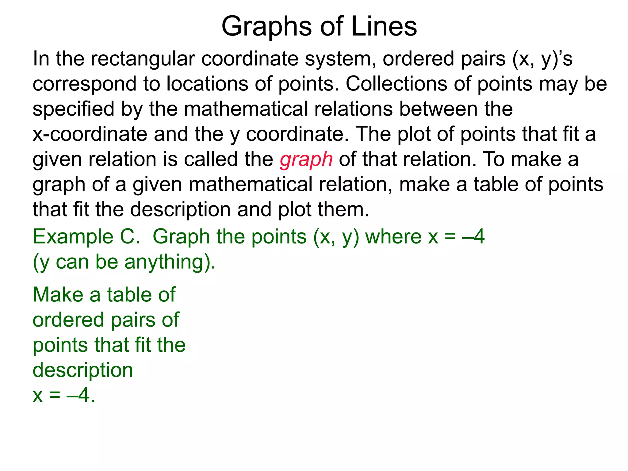 Graphs of Lines
Example C. Graph the points (x, y) where x = –4
(y can be anything).
Make a table of
ordered pairs of
points that fit the
description
x = –4.
In the rectangular coordinate system, ordered pairs (x, y)’s
correspond to locations of points. Collections of points may be
specified by the mathematical relations between the
x-coordinate and the y coordinate. The plot of points that fit a
given relation is called the graph of that relation. To make a
graph of a given mathematical relation, make a table of points
that fit the description and plot them.
 
