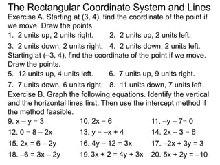 Exercise B. Graph the following equations. Identify the vertical
and the horizontal lines first. Then use the intercept method if
the method feasible.
9. x – y = 3 10. 2x = 6 11. –y – 7= 0
12. 0 = 8 – 2x 13. y = –x + 4 14. 2x – 3 = 6
15. 2x = 6 – 2y 16. 4y – 12 = 3x 17. –2x + 3y = 3
18. –6 = 3x – 2y 19. 3x + 2 = 4y + 3x 20. 5x + 2y = –10
The Rectangular Coordinate System and Lines
Exercise A. Starting at (3, 4), find the coordinate of the point if
we move. Draw the points.
1. 2 units up, 2 units right. 2. 2 units up, 2 units left.
3. 2 units down, 2 units right. 4. 2 units down, 2 units left.
Starting at (–3, 4), find the coordinate of the point if we move.
Draw the points.
6. 7 units up, 9 units right.5. 12 units up, 4 units left.
7. 7 units down, 6 units right. 8. 11 units down, 7 units left.
 